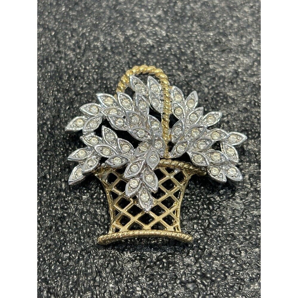 Vintage Pin Brooch Gold Tone Flower Basket With Crystals Clear Rhinestone